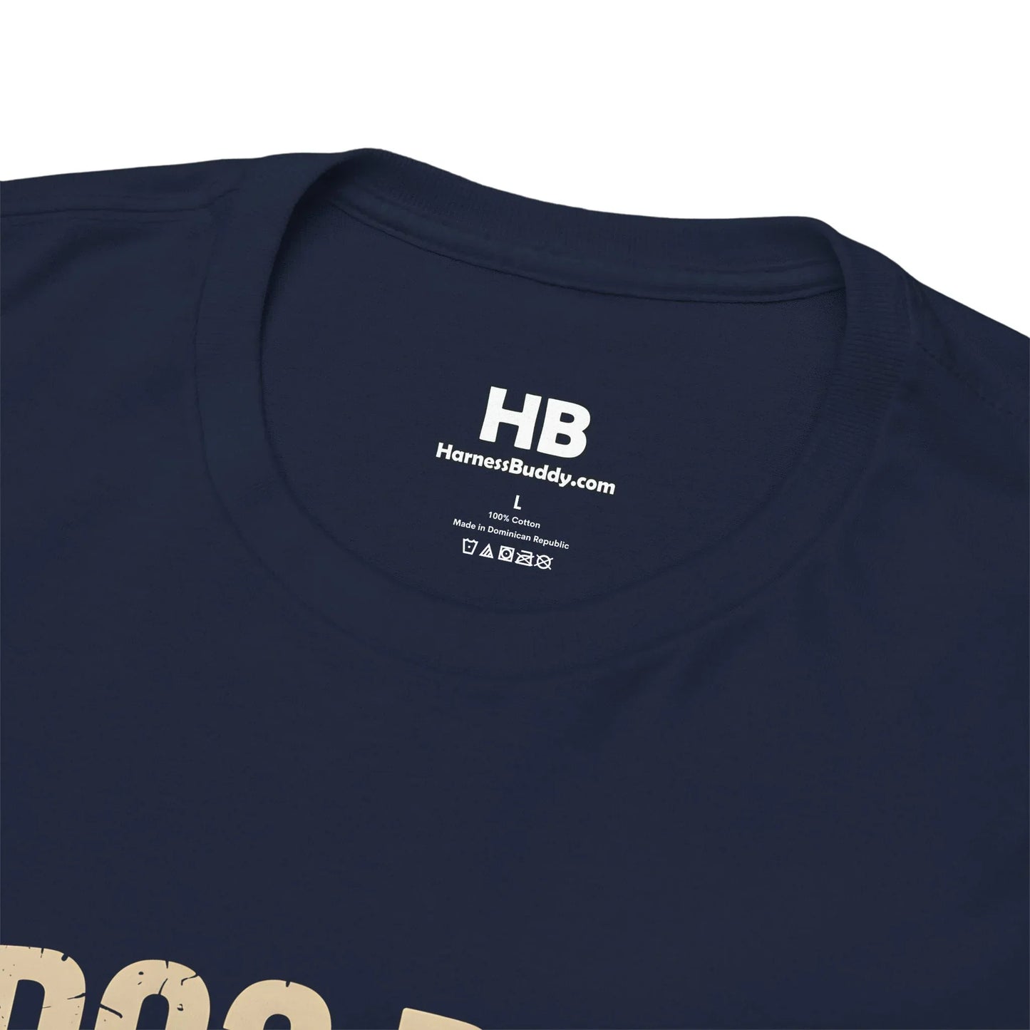 Close-up of navy blue HarnessBuddy.com HB logo t-shirt neckline with printed label