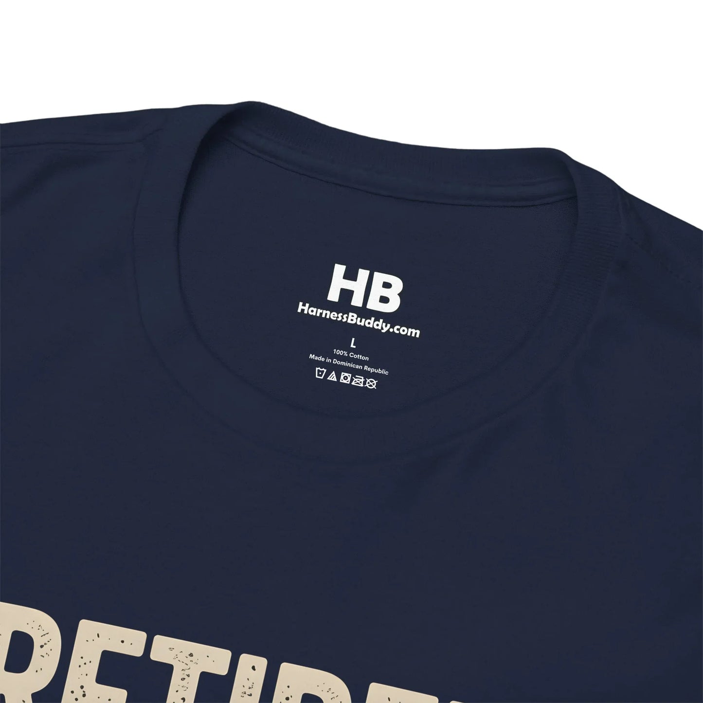 Navy blue HarnessBuddy t-shirt collar with printed size label and partial bold RETIRED text