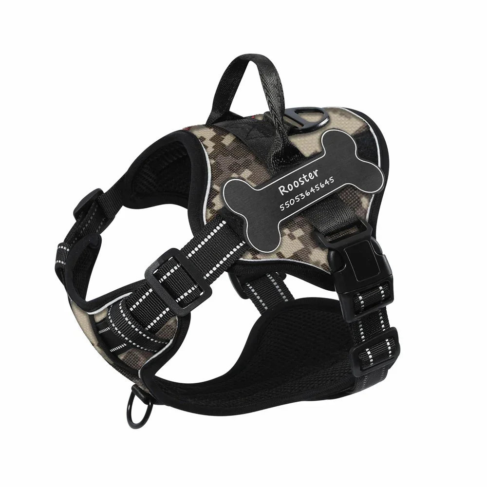 Desert camo dog harness with adjustable straps and a bone-shaped name tag.