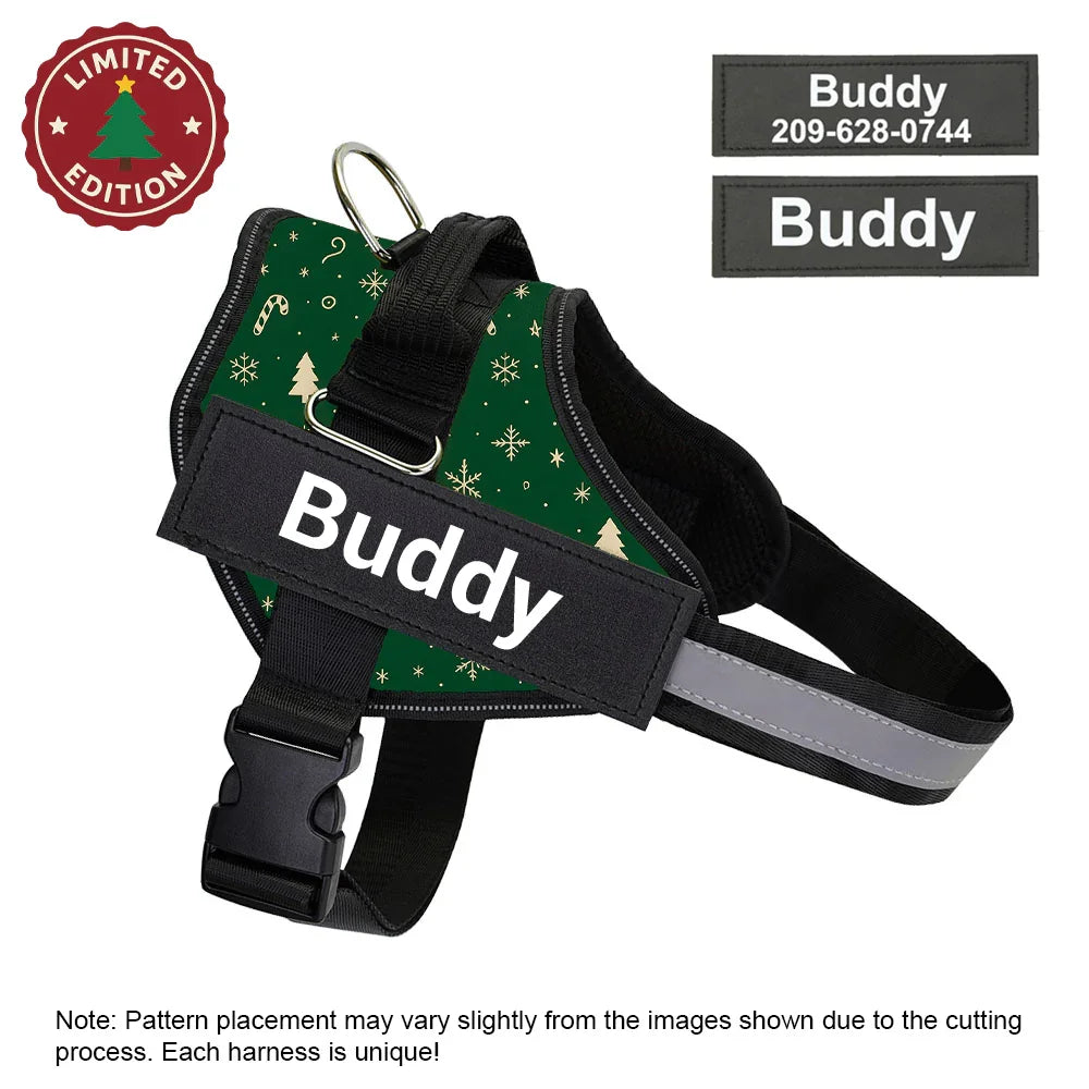 Elf Green Harness Buddy limited edition dog harness with Christmas pattern and name tag Buddy.