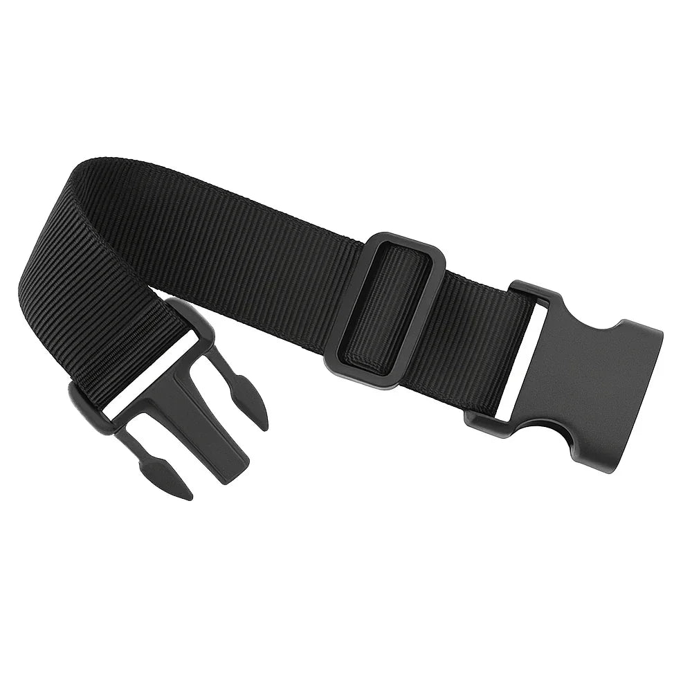 Black harness strap extender with plastic buckle and adjustable slider on white background