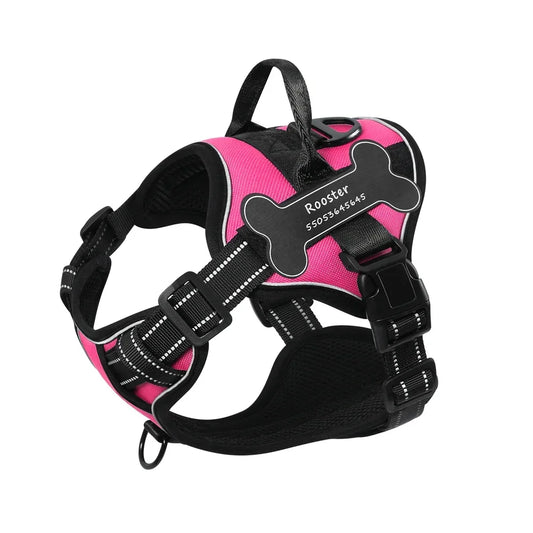 Hot pink dog harness with black straps and bone-shaped name tag
