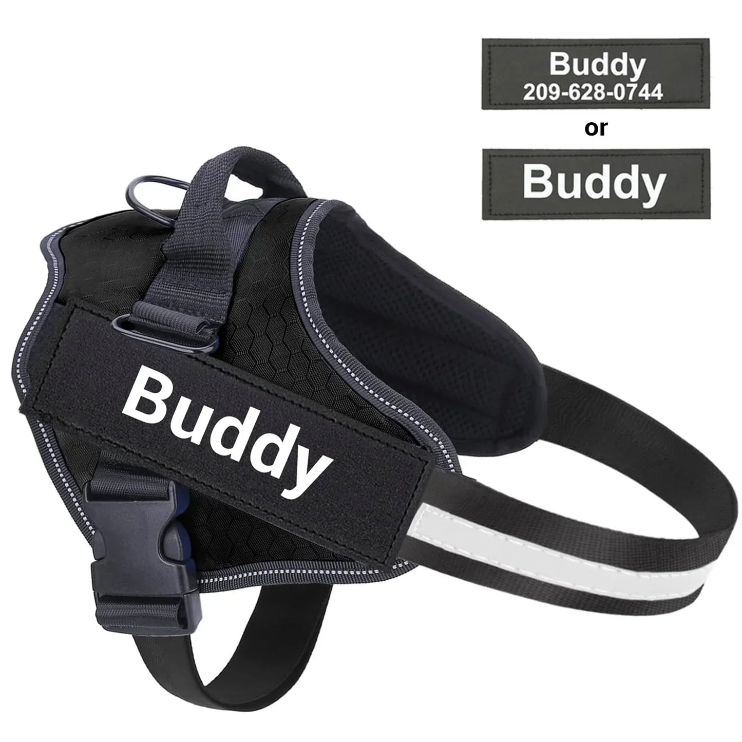 Black dog harness with reflective trim and customizable name tag reading Buddy