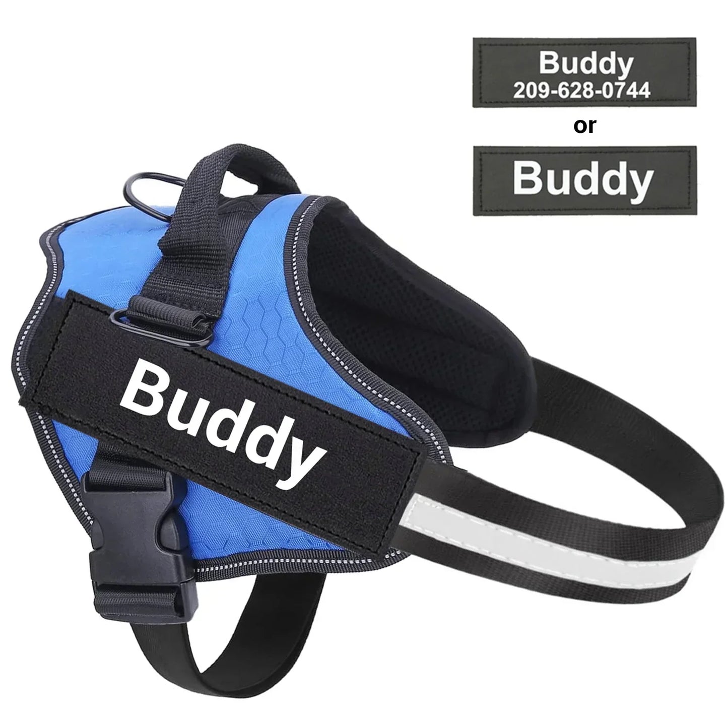 Blue adjustable dog harness with name tag Buddy, reflective strap, and secure handle