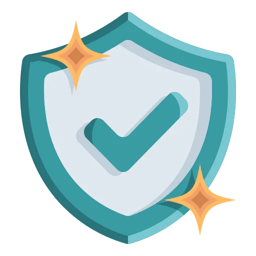 Shield icon with checkmark and sparkles, warranty assurance symbol