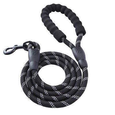 Black rope dog leash with soft foam handle and reflective stitching