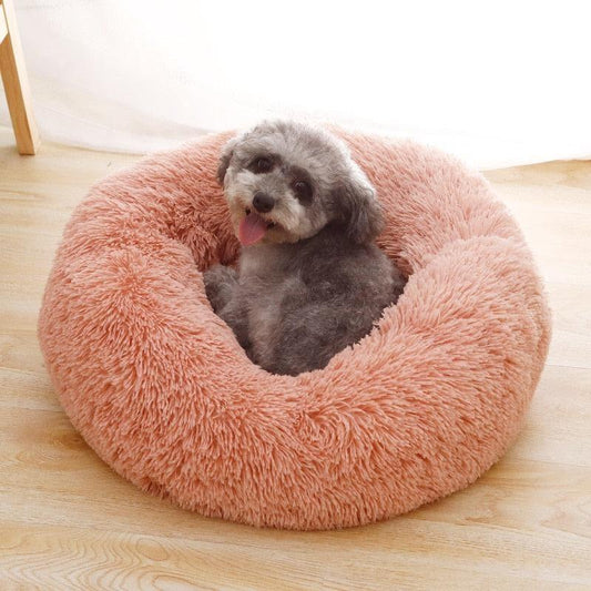 Small gray dog resting in a round pink fluffy pet bed on a wooden floor