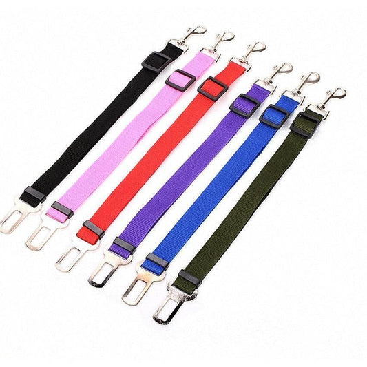 Colorful adjustable dog seat belts with metal clips on white background