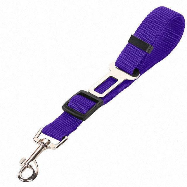 Purple adjustable dog seat belt with metal car buckle clip and swivel snap hook