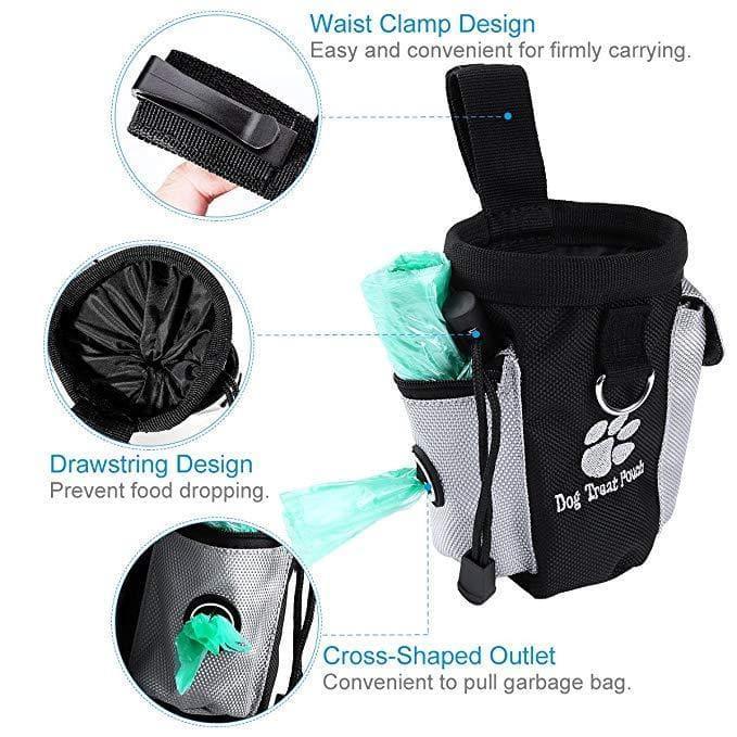 Dog treat pouch with waist clamp, drawstring closure, and cross-shaped poop bag outlet.