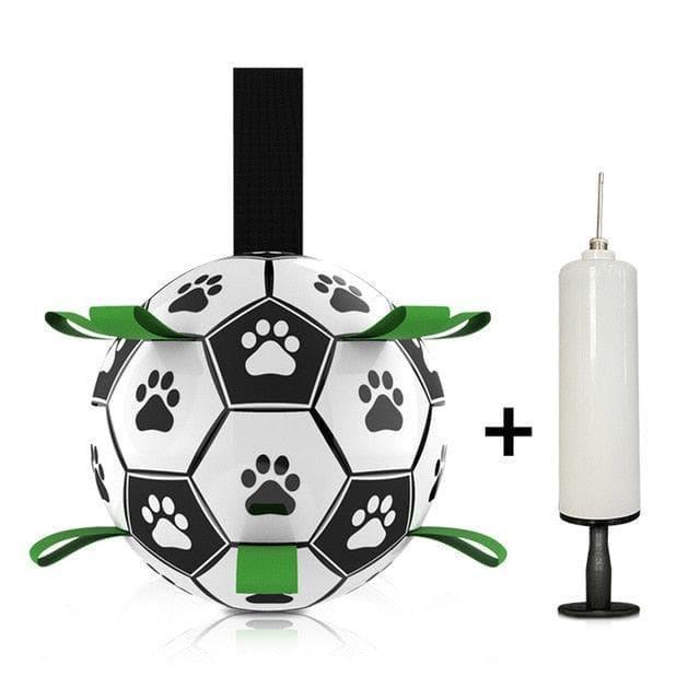 Dog soccer ball toy with black paw prints, green tabs, hanging strap, and air pump
