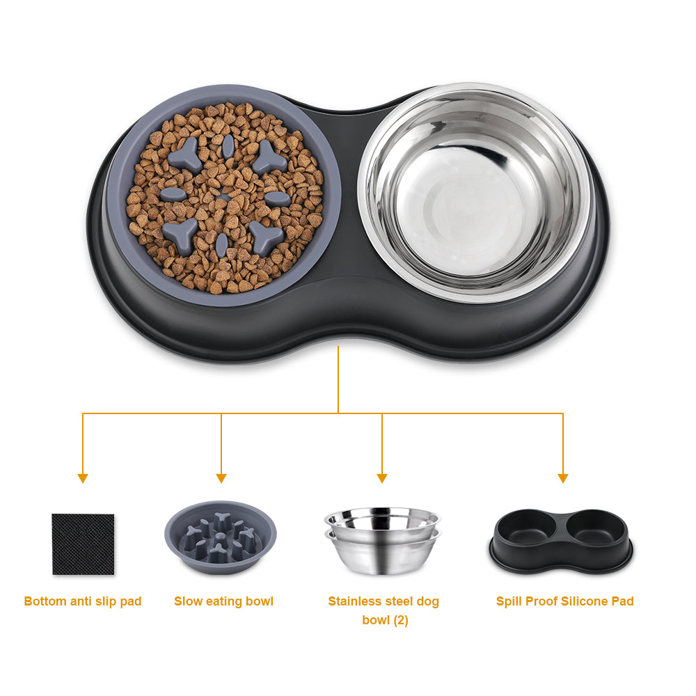 Dog Double Bowls, Stainless Steel Dog Feeder Bowls With No-spill