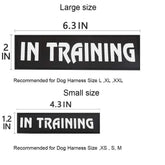 In Training dog harness patch in two sizes, large and small, with measurements and recommendations